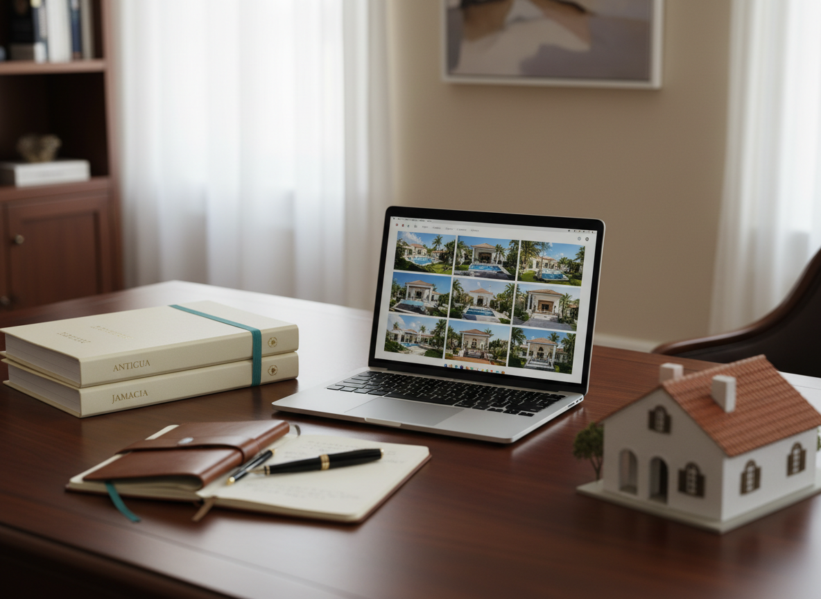 An elegant property marketing workspace with a large wooden desk neatly arranged with a sleek laptop displaying a property listing grid, a stack of color-coordinated property folders labeled “Antigua” and “Jamaica,” and a black fountain pen resting on an open leather-bound notebook. A small model house with a white facade and terracotta roof sits to one side, catching the light from a nearby window. Soft, diffused daylight creates gentle shadows and a warm, productive atmosphere. Photographic realism, shot from a slightly elevated angle with shallow depth of field, keeping the objects in sharp focus while the background becomes a soft blur of neutral office tones. The scene feels organized, professional, and client-focused, perfect for illustrating Erica’s detail-oriented approach.
