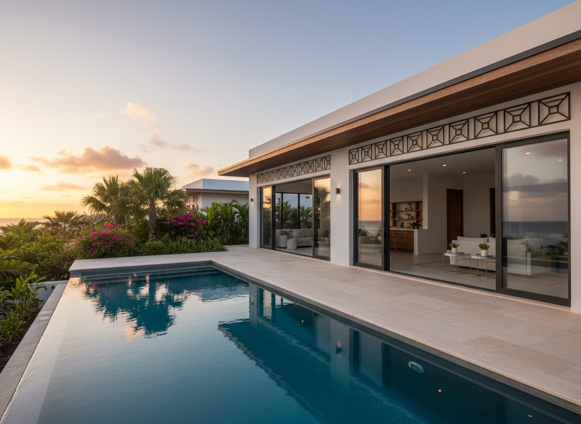 A coastal Antigua villa exterior captured in photographic realism at golden hour, featuring crisp white stucco walls, a flat roofline with subtle Caribbean detailing, and wide glass doors opening onto a stone-tiled terrace. The foreground shows a shimmering infinity pool reflecting the pink-orange sky, bordered by low tropical landscaping with palms and flowering shrubs. The camera is set at a slightly low, wide-angle perspective, emphasizing the property’s scale and outdoor living space. Warm sunlight grazes the facade, creating long, soft shadows and a luxurious yet comfortable mood. No people are visible, only meticulously maintained architecture and landscape, portraying a high-end listing that aligns with a professional, aspirational real estate brand in Antigua.