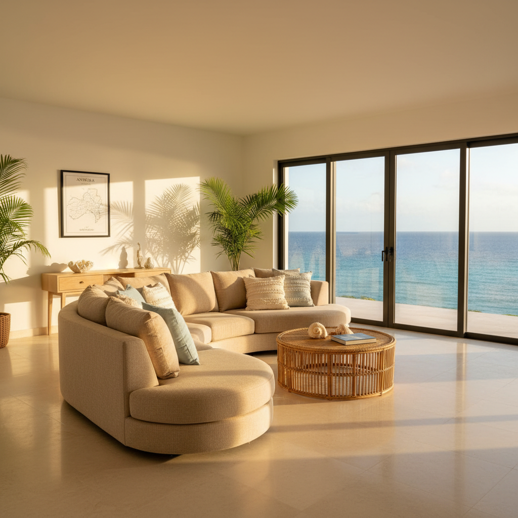A sunlit living room interior in Antigua featuring an open-concept layout, neutral sand-colored sectional sofa, woven rattan coffee table, and large sliding glass doors opening to a turquoise sea view. The walls are painted soft white with a single framed minimalist map of Antigua and Jamaica above a low wood console. Late afternoon golden light pours through the glass, creating warm reflections on the polished ceramic floor tiles and soft shadows behind potted palms. Photographic realism from a slightly elevated corner angle, showcasing both indoor comfort and outdoor scenery. The atmosphere is calm, aspirational, and inviting, ideal for a real estate listing highlight that suggests island lifestyle without showing any people.