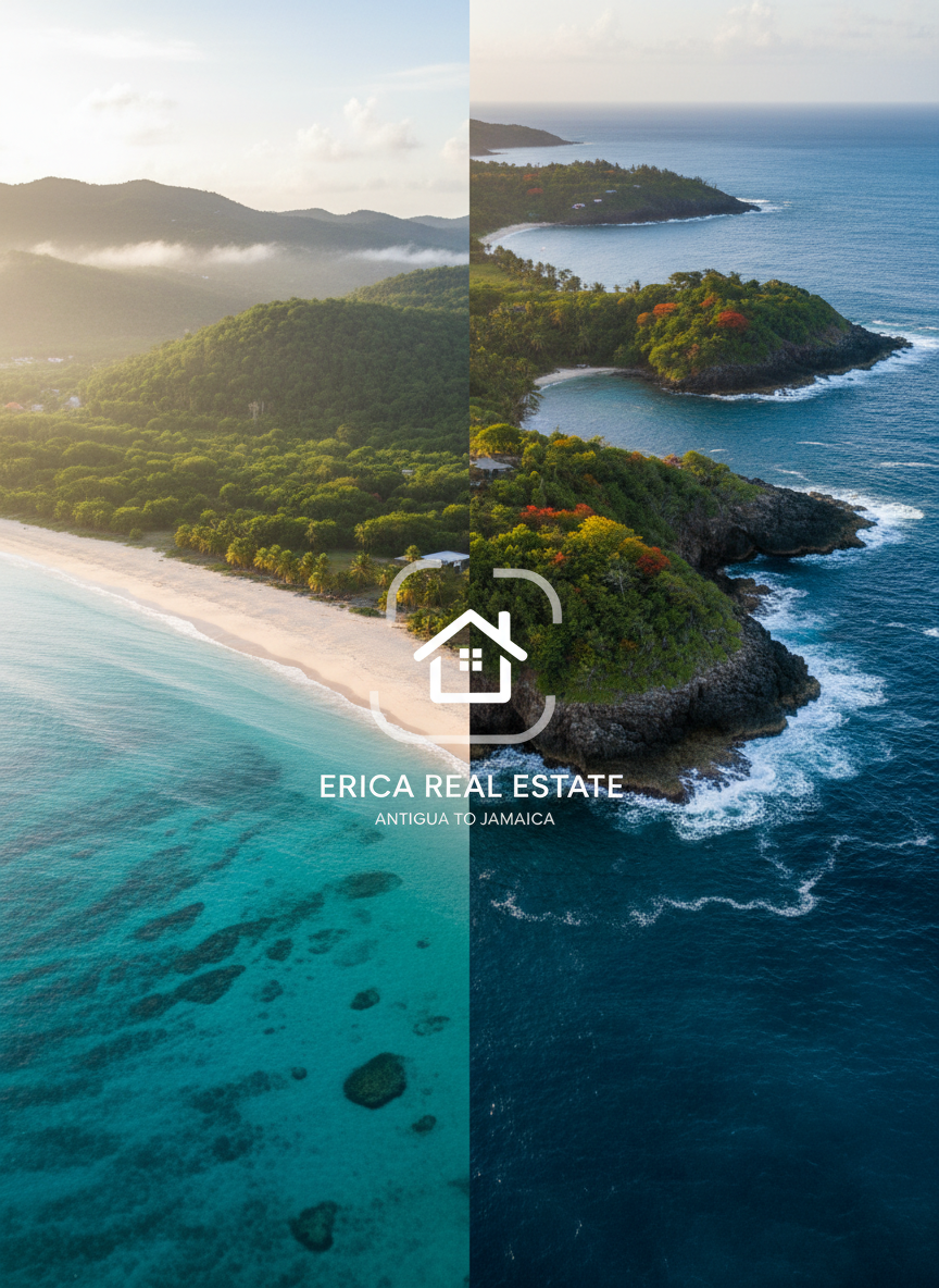 A split-screen style composition in photographic realism showing two distinct but harmonized coastal landscapes: on the left, an Antigua shoreline with calm turquoise water and a gentle curve of white sand backed by lush green hills; on the right, a Jamaican bay with deeper blue water, rugged coastline, and vibrant greenery. A subtle, semi-transparent property icon overlays the center where the two scenes meet, suggesting expanding real estate offerings. Soft early-morning light illuminates both sides, with delicate mist over the hills and gentle reflections on the water. Shot from a high, aerial perspective with sharp focus, the image feels forward-looking, professional, and optimistic, visually representing Erica Real Estate’s growth from Antigua to Jamaica without any human presence.