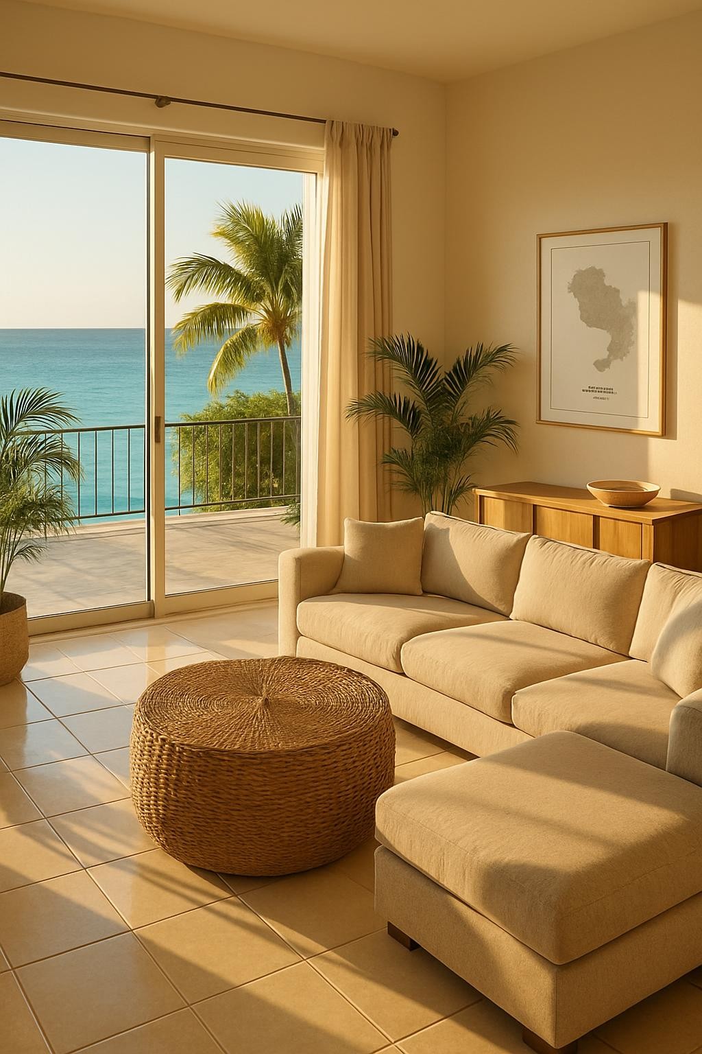 A sunlit living room interior in Antigua featuring an open-concept layout, neutral sand-colored sectional sofa, woven rattan coffee table, and large sliding glass doors opening to a turquoise sea view. The walls are painted soft white with a single framed minimalist map of Antigua and Jamaica above a low wood console. Late afternoon golden light pours through the glass, creating warm reflections on the polished ceramic floor tiles and soft shadows behind potted palms. Photographic realism from a slightly elevated corner angle, showcasing both indoor comfort and outdoor scenery. The atmosphere is calm, aspirational, and inviting, ideal for a real estate listing highlight that suggests island lifestyle without showing any people.