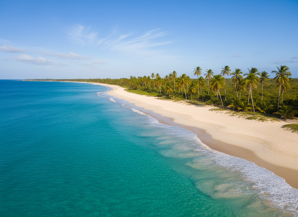 A stunning wide-angle aerial-style photograph of an Antigua beach at peak daytime. Crystal-clear turquoise and aquamarine water gently lapping pristine white sand. A row of tall, graceful palm trees lines the beach, their green fronds swaying in the breeze. A bright, vivid Caribbean blue sky with a few wispy white clouds stretches overhead. The scene is warm, luminous, and aspirational — no people, no buildings, just pure natural Caribbean beauty.